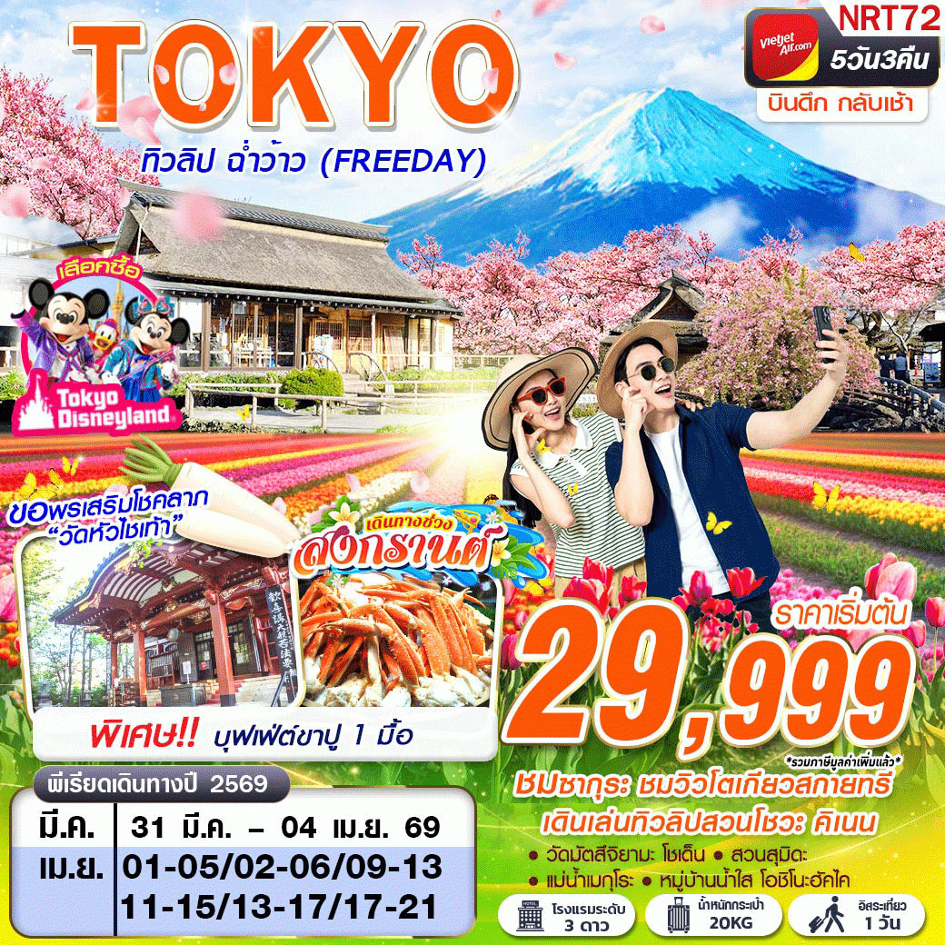 ทัวร์ญี่ปุ่น TOKYO ทิวลิป ฉ่ำว้าว (FREEDAY) บินดึกกลับเช้า 5วัน 3คืน (VZ)